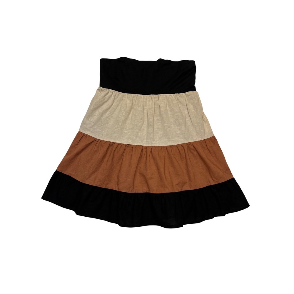 Klesis Black Rust Cream Colorblock Tiered Linen Cotton Boho Mini Skirt Size L